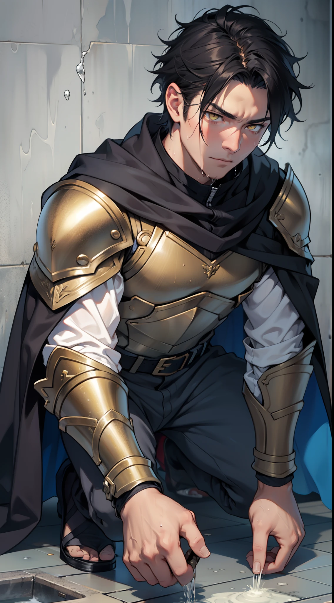(1 Adult male),A high resolution, Sharp focus, Pixiv masterpiece, ((Complicated details)), highly detailed, natsuki_subaru, 1 man,Wear tight combat uniforms,Wear armor,perfect male figure,Urine on the trouser leg, Nervously bow your head,is shy,embarressed,exhilarated,is shocked,panicking,worry,A pool of urine formed around him,Very eager to pee,Unbearable,Wet yourself,Urine discharge,full bodyesbian,kneels on the ground,Tired,decadent, Yellow eyes(eyes glowing), Black hair short hair,Armour,Tie a belt,Cloaked,Cloak,Shoulder armor,perspire,Drenched,Get wet,pissing,urine flows down the pants,look from down