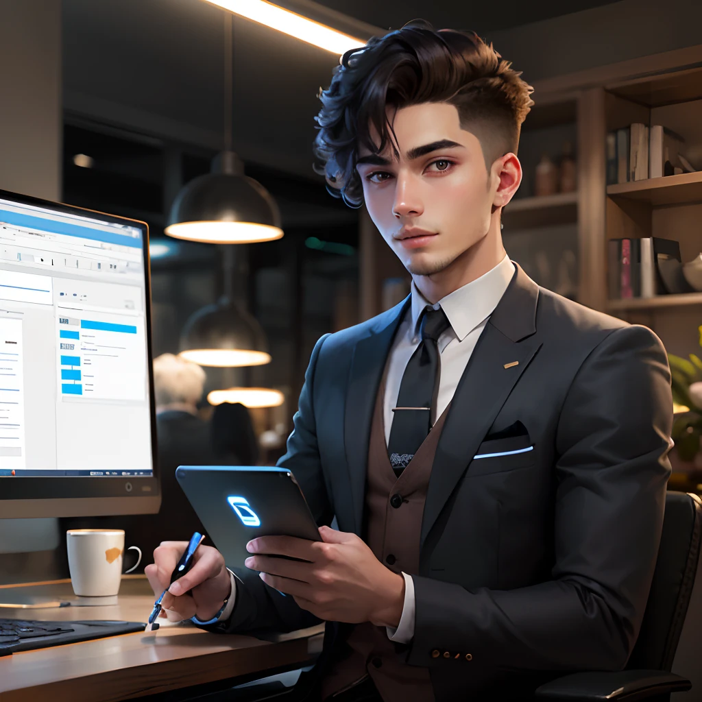 22-year-old Handsome, smart, well-dressed man with stylish hair, computer in hand