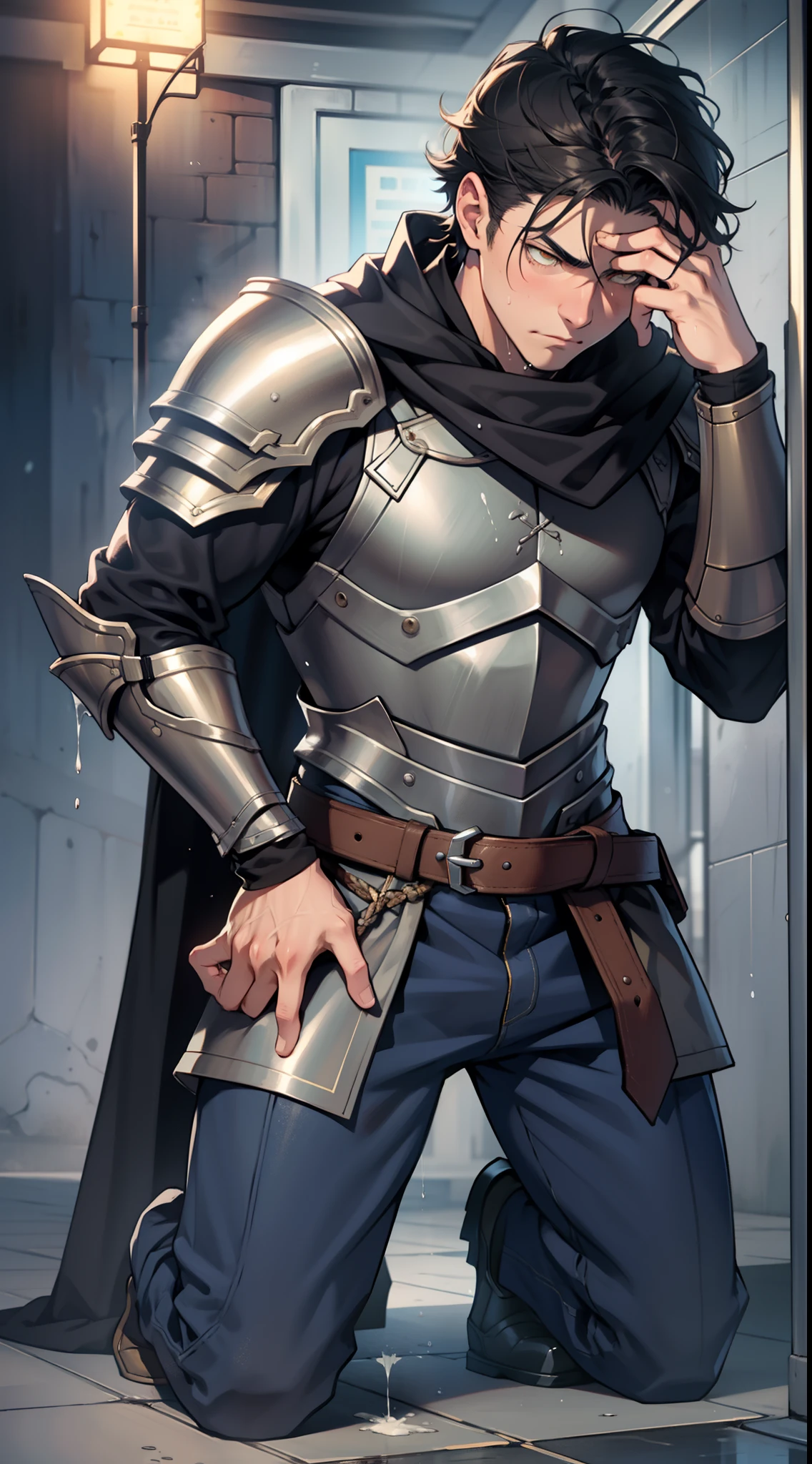 (1 Adult male),A high resolution, Sharp focus, Pixiv masterpiece, ((Complicated details)), highly detailed, natsuki_subaru, 1 man,Wear tight combat uniforms,Wear armor,perfect male figure,Urine on the trouser leg, Nervously bow your head,is shy,embarressed,exhilarated,is shocked,panicking,worry,A pool of urine formed around him,Very eager to pee,Unbearable,Wet yourself,Urine discharge,full bodyesbian,kneels on the ground,Tired,decadent, Yellow eyes(eyes glowing), Black hair short hair,Armour,Tie a belt,Cloaked,Cloak,Shoulder armor,perspire,Drenched,Get wet,pissing,urine flows down the pants,look from down