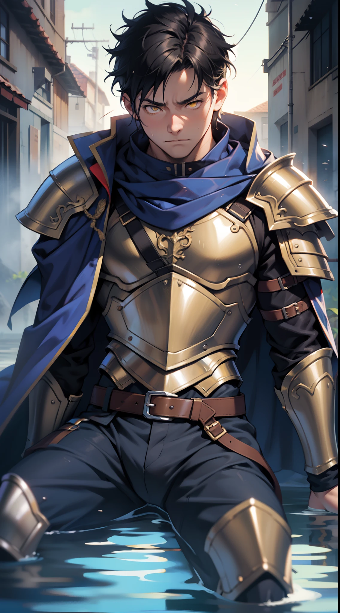 (1 Adult male),A high resolution, Sharp focus, Pixiv masterpiece, ((Complicated details)), highly detailed, natsuki_subaru, 1 man,Wear tight combat uniforms,Wear armor,perfect male figure,Urine on the trouser leg, Nervously bow your head,is shy,embarressed,exhilarated,is shocked,panicking,worry,A pool of urine formed around him,Very eager to pee,Unbearable,Wet yourself,Urine discharge,full bodyesbian,kneels on the ground,Tired,decadent, Yellow eyes(eyes glowing), Black hair short hair,Armour,Tie a belt,Cloaked,Cloak,Shoulder armor,perspire,Drenched,Get wet,pissing,urine flows down the pants,look from down