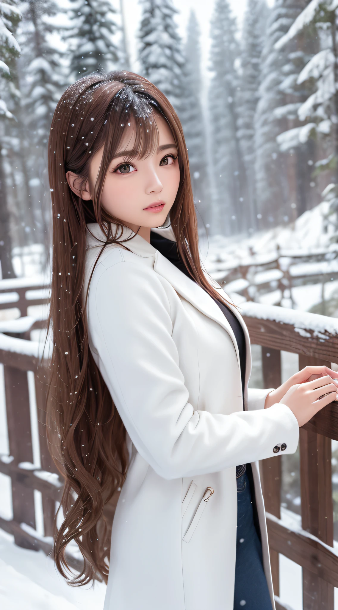 1womanl, up of face, light brown hair, Blunt bangs, hair behind ear, hair over shoulder, Long hair, slender body shape, Ultra Fine Face, Thin face, Delicate lips, Beautiful eyes, thin blush, eyes are light brown,View here, Ultra-thin hands, Ultra-fine fingers, best ratio four finger and one thumb, (realisitic:1.3), white longcoat, muffler , gloves、Coniferous forest with heavy snowfall, It's snowing .One-person viewpoint, 8K, masutepiece, nffsw, Super Detail, High quality, Best Quality, hight resolution,