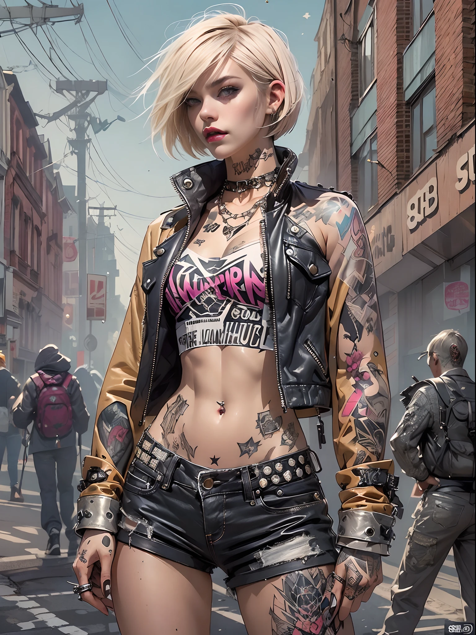 (((of the highest quality: 1.4))),(unparalleled masterpiece ever), (Ultra high definition),(Ultra-realistic 8K CG), offcial art、 (((adult body))), (((1girl in))), ((( Bob Shorthair ))), Punk girl with a perfect body, Jacket with metal spines,Beautiful and well-groomed face,,Detailed punk fashion,leather jackets, (Image from head to thigh),(( White Blonde Bob Shorthair )), Small leather panties,( Simon Bisley's urban savage style),Detailed street background of London,Clean abs, Complex graphics, dark pink with white stars and gray and white stripes,,, (( Many poisonous tattoos )), piercings,