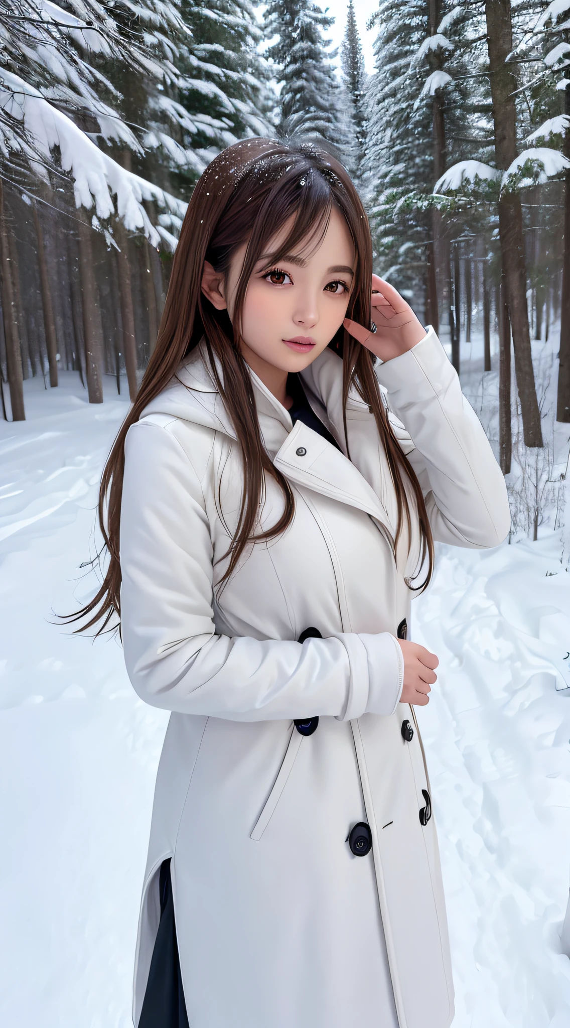 1womanl, up of face, light brown hair, Blunt bangs, hair behind ear, hair over shoulder, Long hair, slender body shape, Ultra Fine Face, Thin face, Delicate lips, Beautiful eyes, thin blush, eyes are light brown,View here, Ultra-thin hands, Ultra-fine fingers, best ratio four finger and one thumb, (realisitic:1.3), white longcoat, muffler , gloves、Coniferous forest with heavy snowfall, It's snowing .One-person viewpoint, 8K, masutepiece, nffsw, Super Detail, High quality, Best Quality, hight resolution,