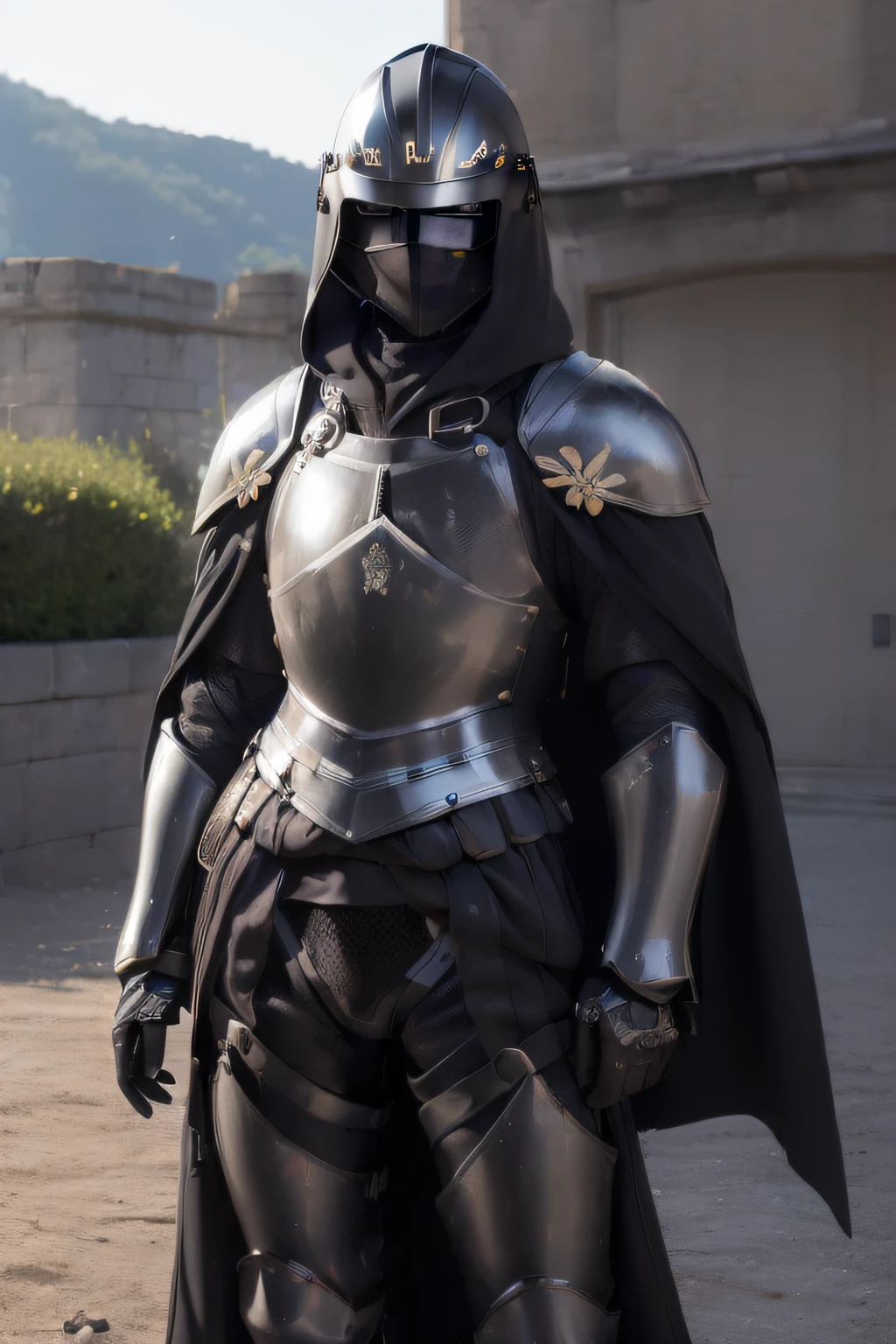 best qualtiy、masutepiece、超A high resolution、(Photorealistic:1.4)、infp young woman、(modeled:1.2)、small head、blonde hair、long legged、(Decorated black night helmet with full metal mask:1.7)、(Richly decorated black full-body armor:1.3)、Tight waist armor、(Falls Armor:1.9)、(Metal Crotch Protector:1.4)、Leg armor、(Black cloak:1.5)、(Full body:1.4)、(the perfect body:1.7)、Castle background、By Michelangelo