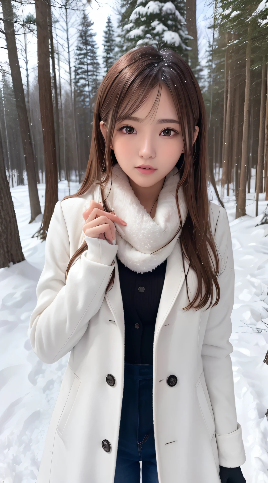 1womanl, up of face, light brown hair, Blunt bangs, hair behind ear, hair over shoulder, Long hair, slender body shape, Ultra Fine Face, Thin face, Delicate lips, Beautiful eyes, thin blush, eyes are light brown,View here, Ultra-thin hands, Ultra-fine fingers, best ratio four finger and one thumb, (realisitic:1.3), white longcoat, muffler , gloves、Coniferous forest with heavy snowfall, It's snowing  .One-person viewpoint,  8K, masutepiece, nffsw, Super Detail, High quality, Best Quality, hight resolution,