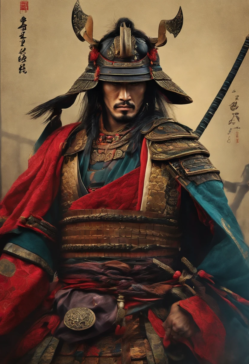 samurai escrevendo, retro cberpunk design