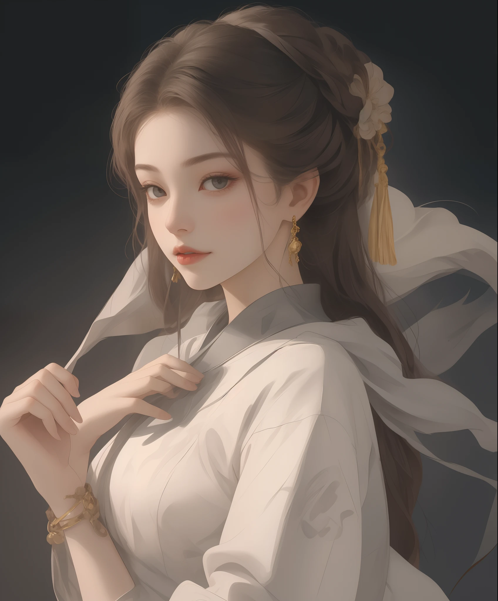 Best quality、tmasterpiece、A high resolution、1 flat-chested girl、Flat slim body、flatchest、Porcelain turtleneck dress、Delicate hair accessories、Fine Necklace、detailed jewellery、pretty  face、Physically、Tyndall effect、realisticlying、Shadow Studio、edge lit、bicolor lighting、（highdetailskin：1.2）、（flatchest，smallunderboob）、8K, Ultra HD、Digital SLR、softlighting、high high quality、volumettic light、sneak shot、photore、A high resolution、4K、8K、The background is blurred out，