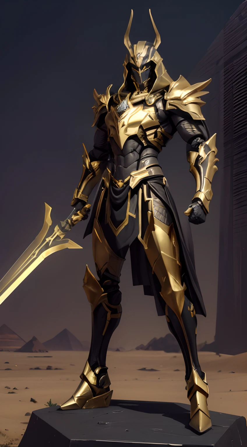 (action figure of Anubis warrior in a warframe style armor with a golden spear), (gold, black, and silver color scheme), (Anubis themed armor with dark black flowing cloak), plastic material with metallic coating, (desolate desert with pyramid background), centered, full body shot, (dynamic action stance pose), vibrant colors, visible figure joints, cinematic shot, volumetric lighting, intricate pattern detail, highly detailed