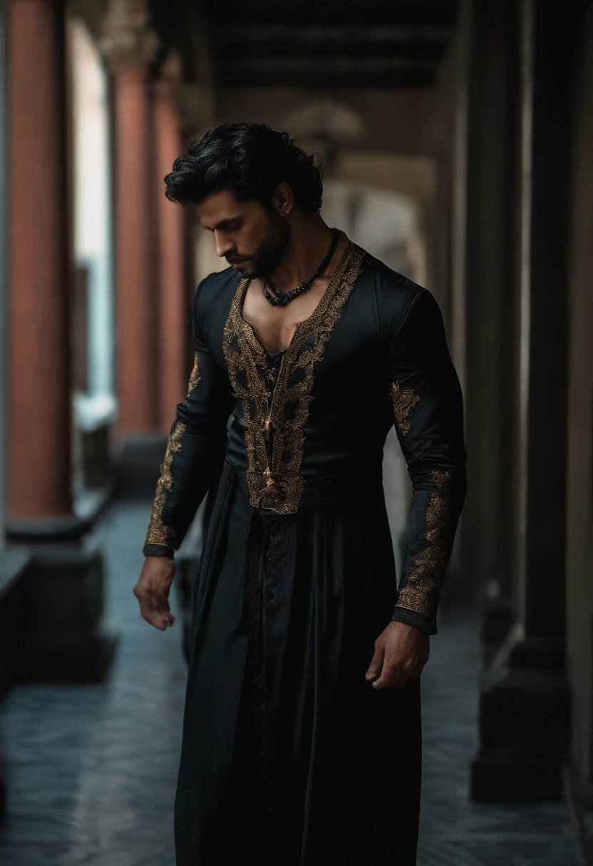 Homem cabelo longo preto, roupa prisioneiro, Arms attached, tentando se libertar