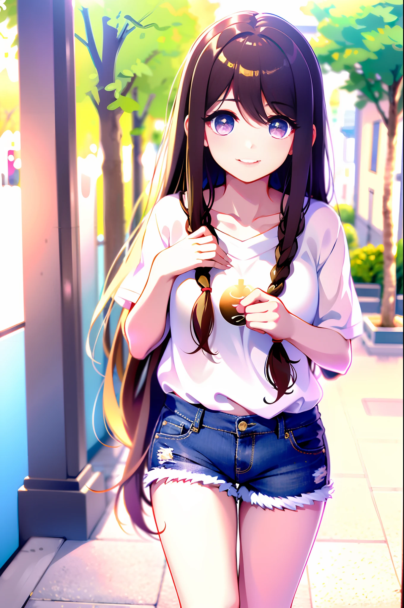 Best quality, long hair bangs curly two side braids loose towards the front, (Brown hair color), 超高分辨率, (Photorealistic:1.4), 1lovelygirl, bit girl, (Young), pink puffy , NSFW, ,(Kpop idol), (aegyo sal:1),, (Denim shorts), Smiling, Cute, full bodyesbian, hands together in front, Background street, Nature, peaceful neighborhood, Sunlight,ta