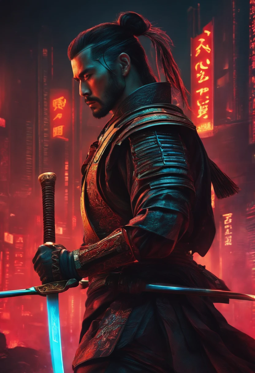 samurai sentado escrevendo, retro cyberpunk design