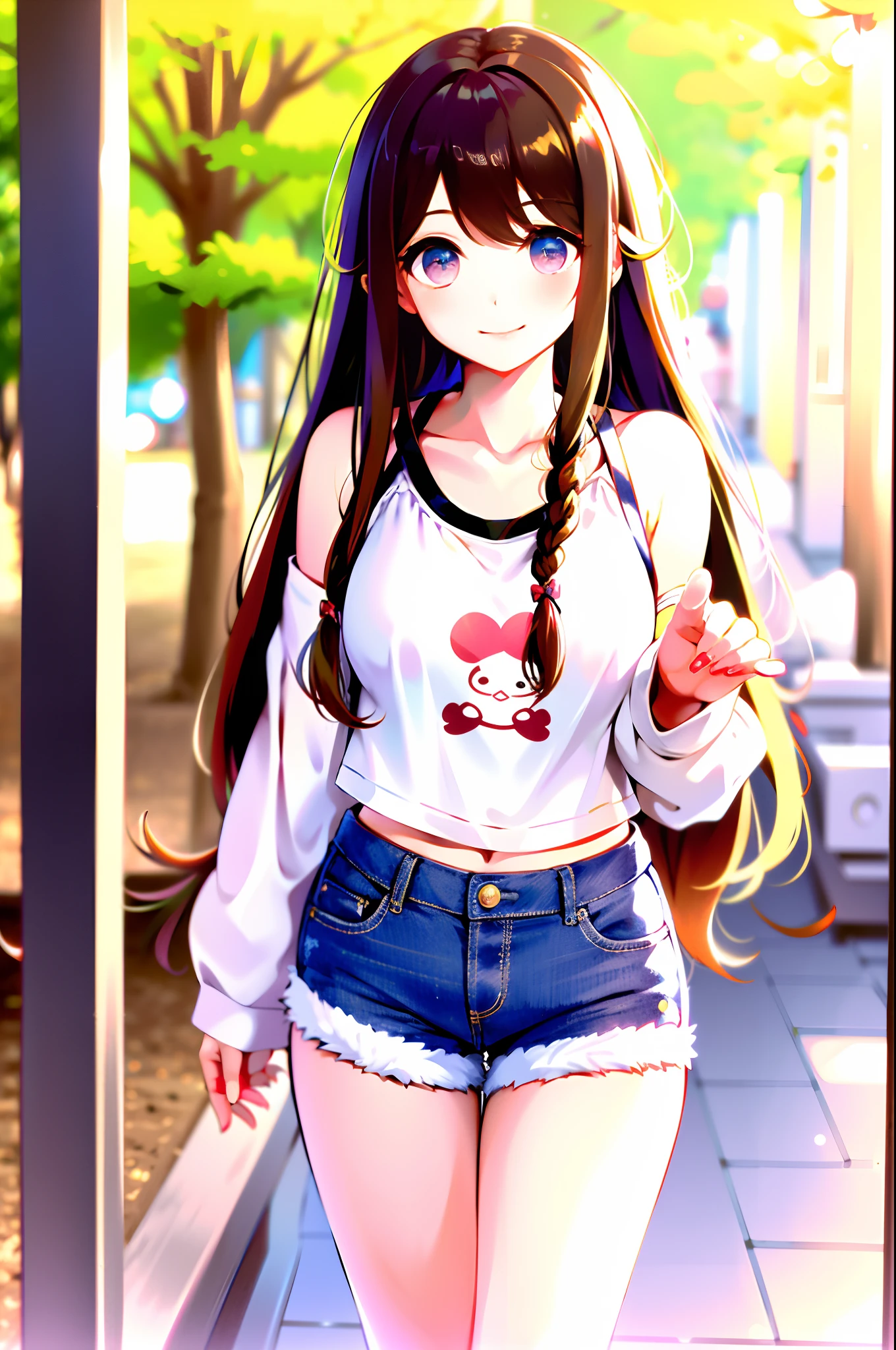 Best quality, long hair bangs curly two side braids loose towards the front, (Brown hair color), 超高分辨率, (Photorealistic:1.4), 1lovelygirl, bit girl, (Young), pink puffy , NSFW, ,(Kpop idol), (aegyo sal:1),, (Denim shorts), Smiling, Cute, full bodyesbian, hands together in front, Background street, Nature, peaceful neighborhood, Sunlight,Lolita