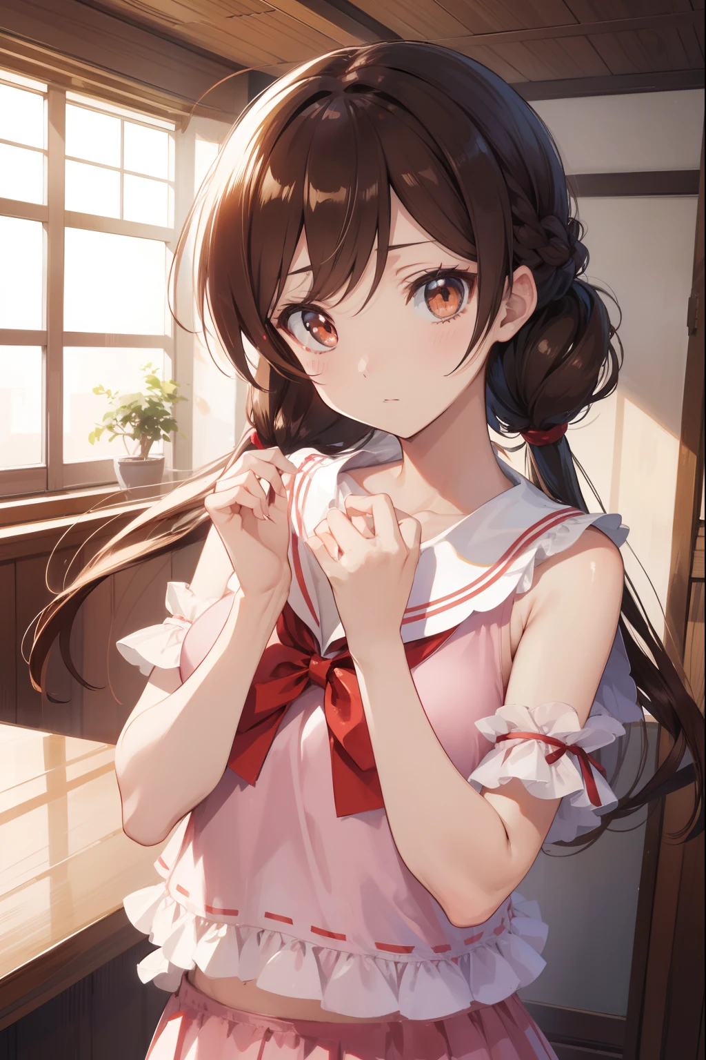 mizuharachizuru, mizuharachizuru, (Brown eyes:1.5), Brown hair, Long hair, (One side up:1.2),
BREAK bare shoulders, 鎖骨, PINK SHIRT, Puffy Short Sleeves, Puffy sleeves, Red bow, Shirt, Short sleeves, Skirt, White skirt,swimsuit
Break indoors, crass room,
BREAK looking at viewer, 
BREAK (masutepiece:1.2), Best Quality, High resolution, Unity 8k壁纸, (Illustration:0.8), (Beautiful detailed eyes:1.6), extra detailed face, Perfect Lighting, extremely details CG, (Perfect hands, Perfect Anatomy),