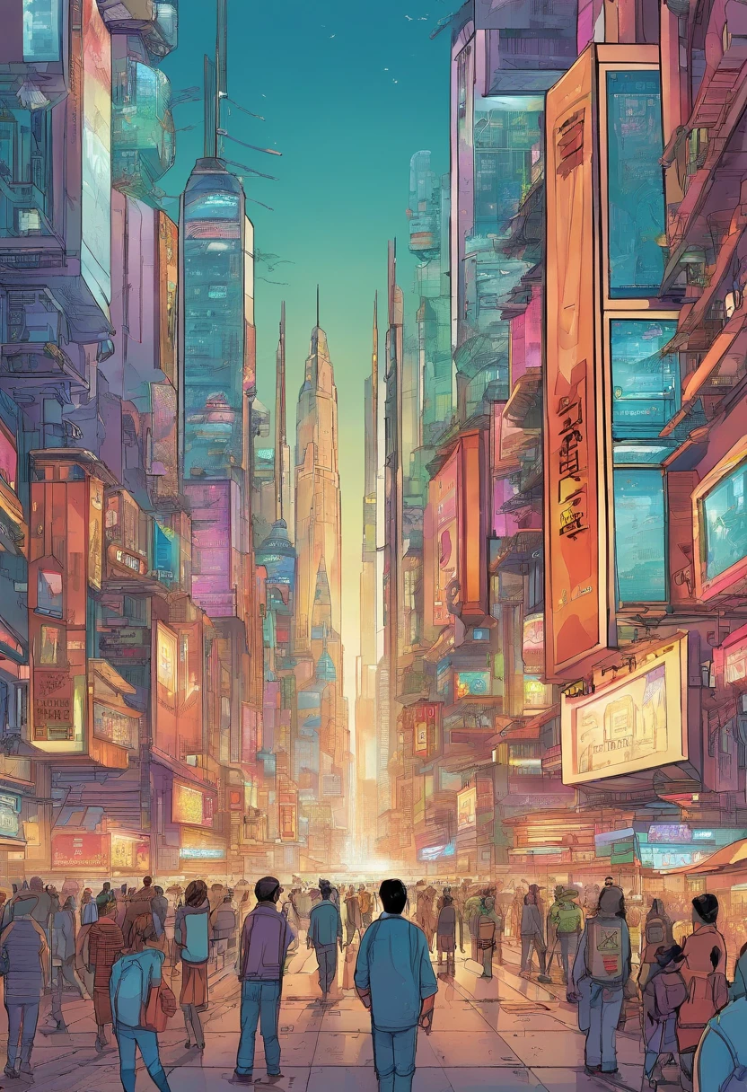 bustling futuristic city. Skyscrapers adorned with holographic billboards stretch towards the sky. People, both human and robot, move briskly along the streets. The atmosphere hums with a harmonious blend of human chatter and the whirring of robots.