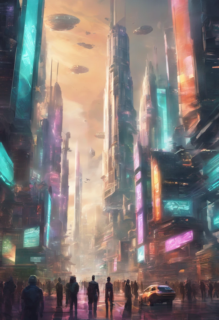 bustling futuristic city. Skyscrapers adorned with holographic billboards stretch towards the sky. People, both human and robot, move briskly along the streets. The atmosphere hums with a harmonious blend of human chatter and the whirring of robots.]