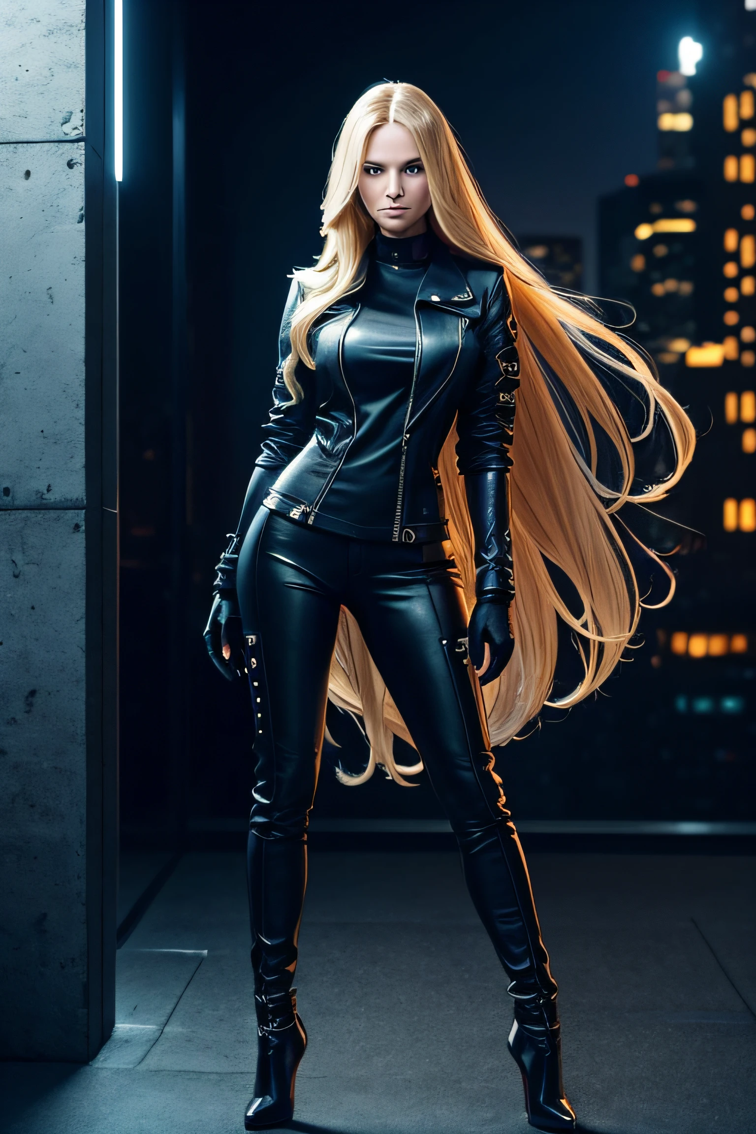 full body A 30 - year - old slender, tall, fair - skinned woman with long blonde hair and blue eyes is posing for a studio photoshoot. She is standing in front of a window, placing her hand on her head, with detailed skin texture visible. She is dressed in a leather biker outfit and high heels. The backdrop is a concrete wall adorned with neon LEDs, with the filtered lights of the night city and sharp shadows adding to the ambiance, aiming for the best possible result in midyourney.