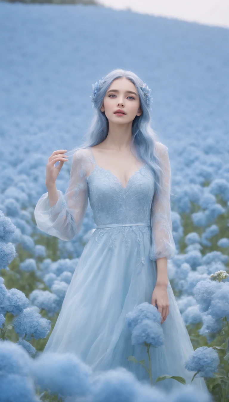 (absurdres, highres, ultra detailed, UHD, cinematic), solo, 1girl, mature, happy, girl standing in light blue flower field, light blue flower petal surrounding girl, full body, blue long hair girl, light blue hair, fantasy, dreamy, snowy, official art, pop art, profile, ultra detailed face, ultra detailed eyes, light blue flower field, ultra detailed field, white blue sky, cold, light blue, white, nebula in the sky, blue tree, watercolor, pastel color