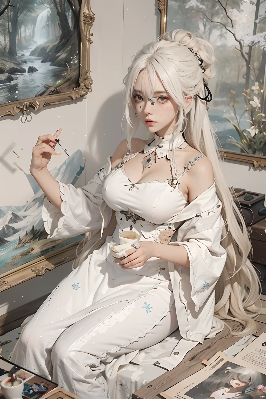Un primer plano de una persona con cabello blanco y una espada, Deidad de pelo blanco, con pelo largo blanco, con el pelo largo y blanco, Obras de arte al estilo de Guweiz, pelo blanco, Guweiz, Chico guapo en el arte de Demon Slayer, Hermosa pintura de personajes, por Yang J, cano, Guweiz en Pixiv Artstation, Personaje de anime,Ropa negra,en el bosque,nieve,Bollo