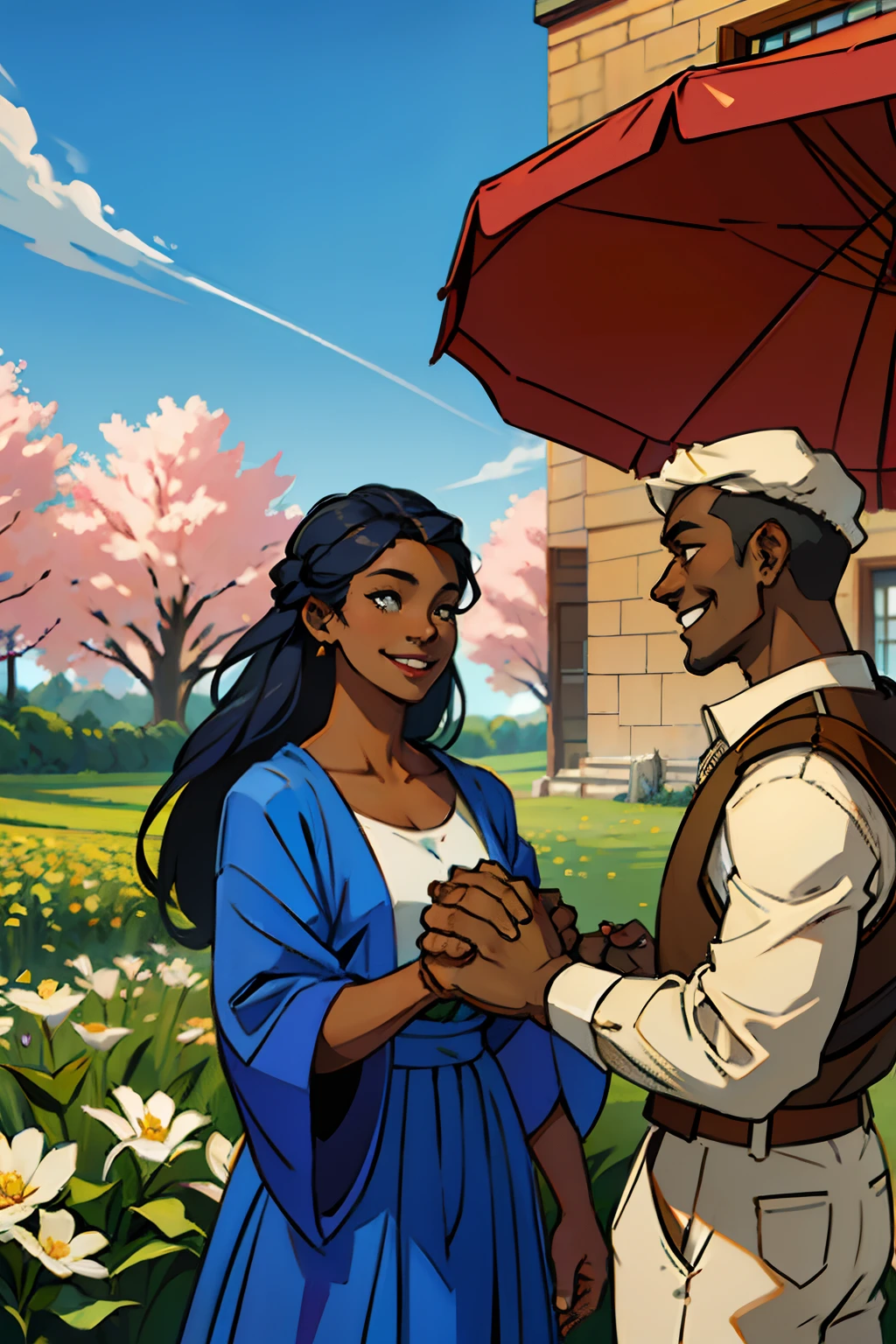 A dark skinned man and woman, shaking hands in agreement, smiling, hand in hand, background is springtime hills, mood is diplomatic, regulated, daytime light, character design.