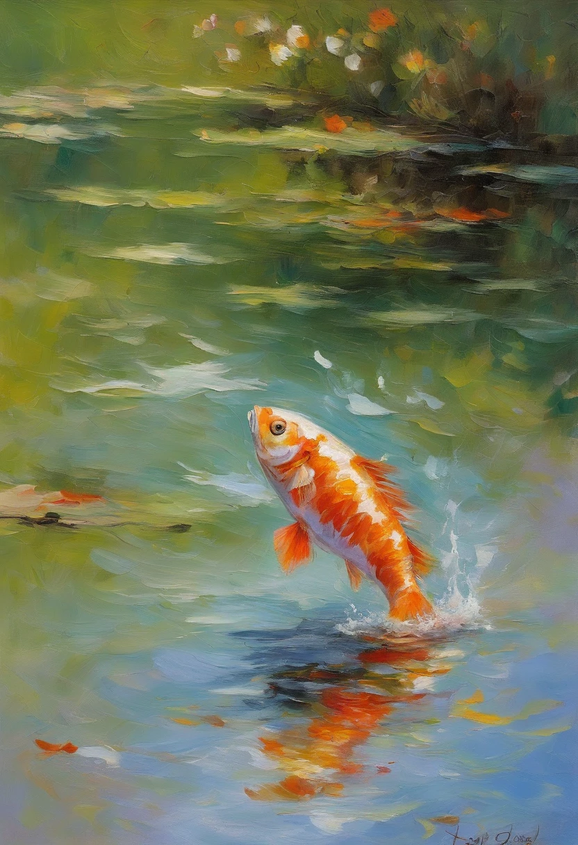 A fish jumps out of the water in Monet's pond,Colors are eye-catching,sharp