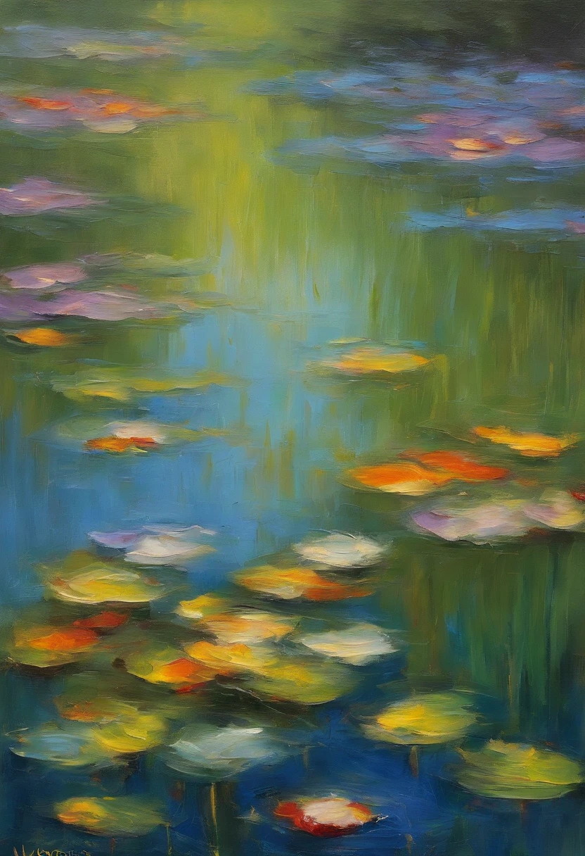 A fish jumps out of the water in Monet's pond，Colors are eye-catching，sharp