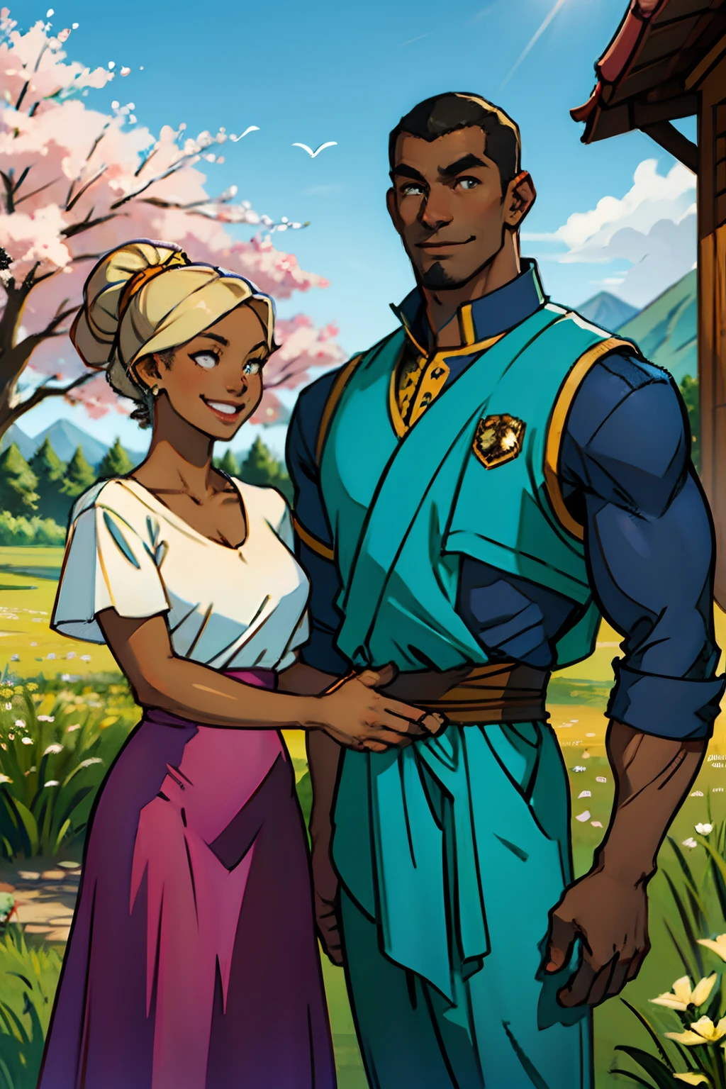 A dark skinned man and woman, shaking hands in agreement, smiling, hand in hand, background is springtime hills, mood is diplomatic, regulated, daytime light, character design.