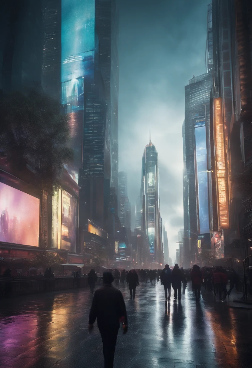 bustling futuristic city. Skyscrapers adorned with holographic billboards stretch towards the sky. People, both human and robot, move briskly along the streets. The atmosphere hums with a harmonious blend of human chatter and the whirring of robots.