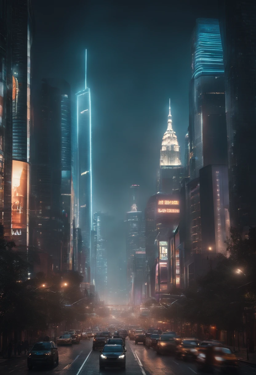 bustling futuristic city. Skyscrapers adorned with holographic billboards stretch towards the sky. People, both human and robot, move briskly along the streets. The atmosphere hums with a harmonious blend of human chatter and the whirring of robots.