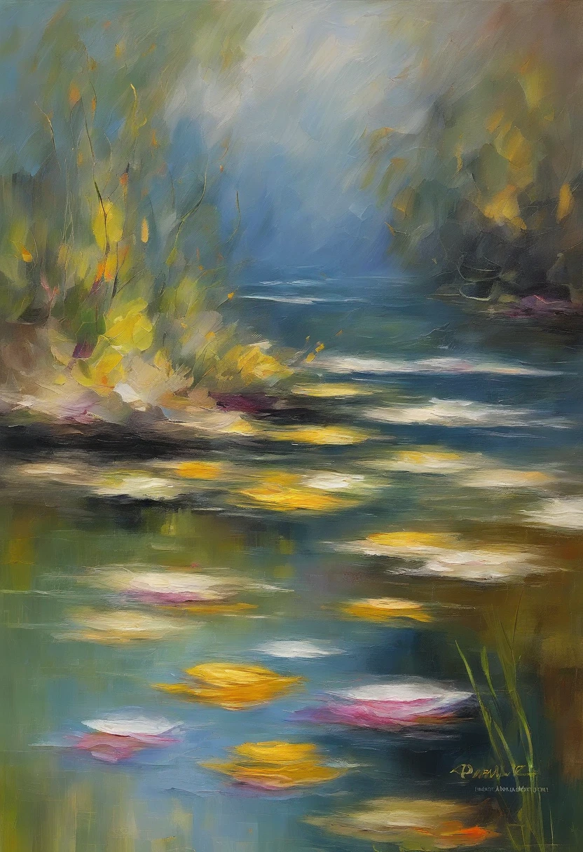 A fish jumps out of the water in Monet's pond，Colors are eye-catching，sharp、