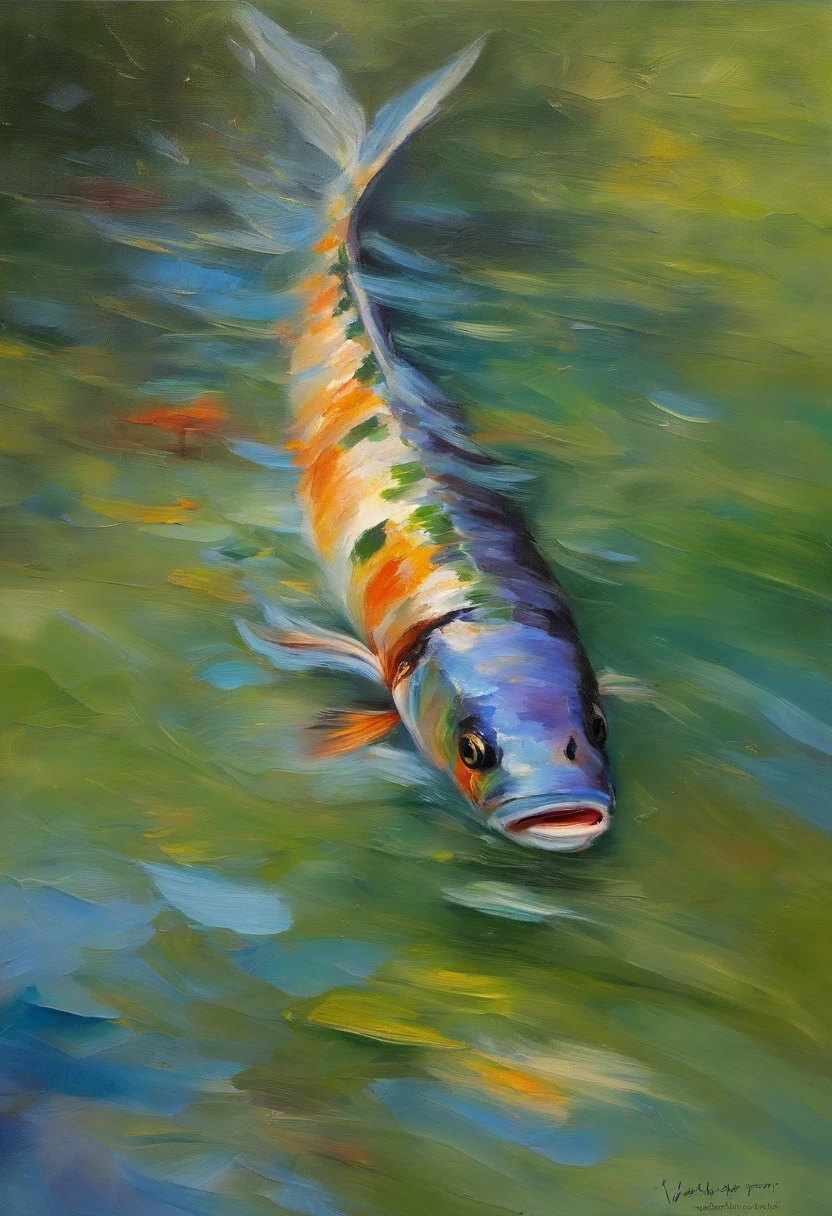A fish jumps out of the water in Monet's pond，Colors are eye-catching，sharp、