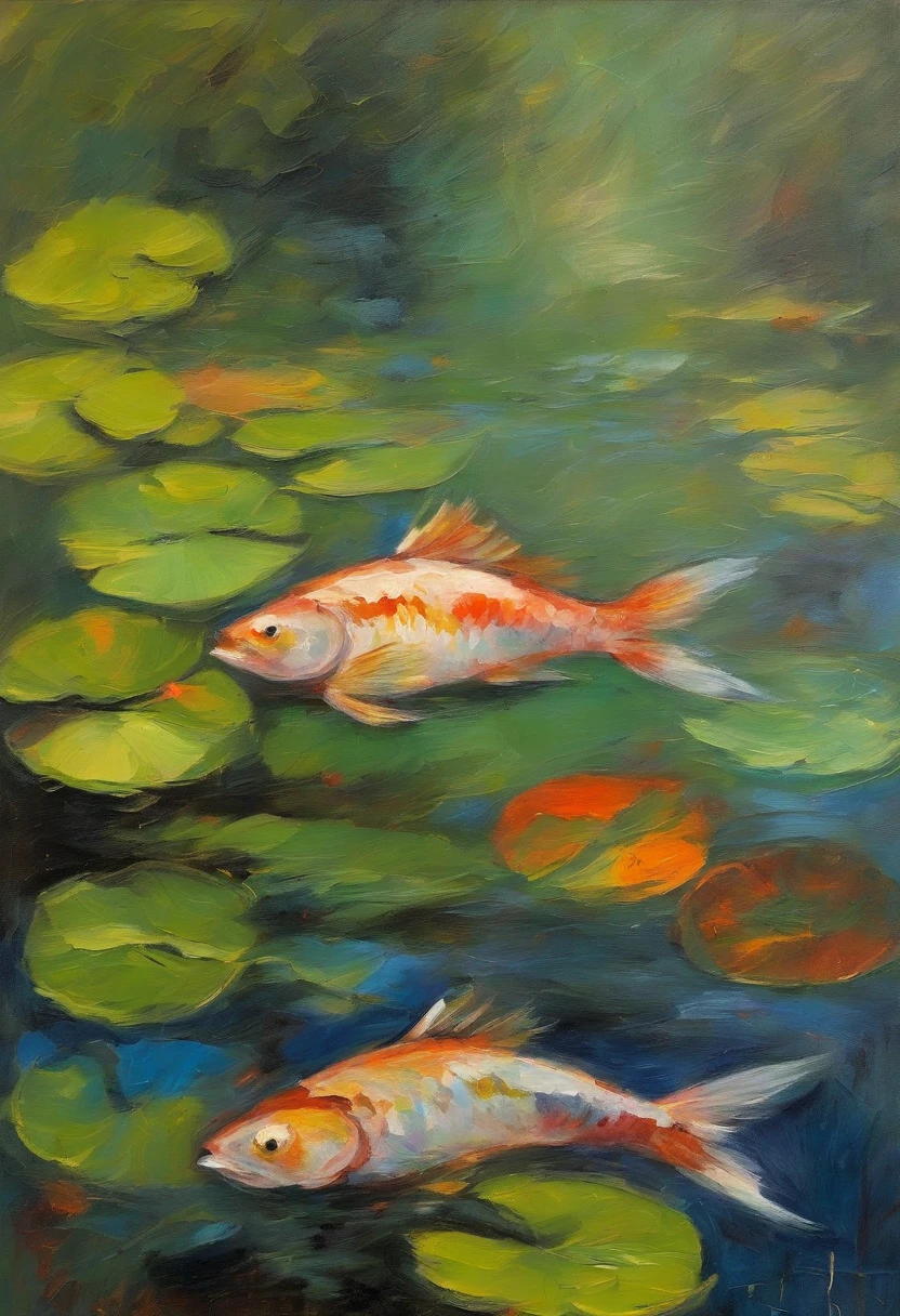 A fish jumps out of the water in Monet's pond，Colors are eye-catching，sharp、