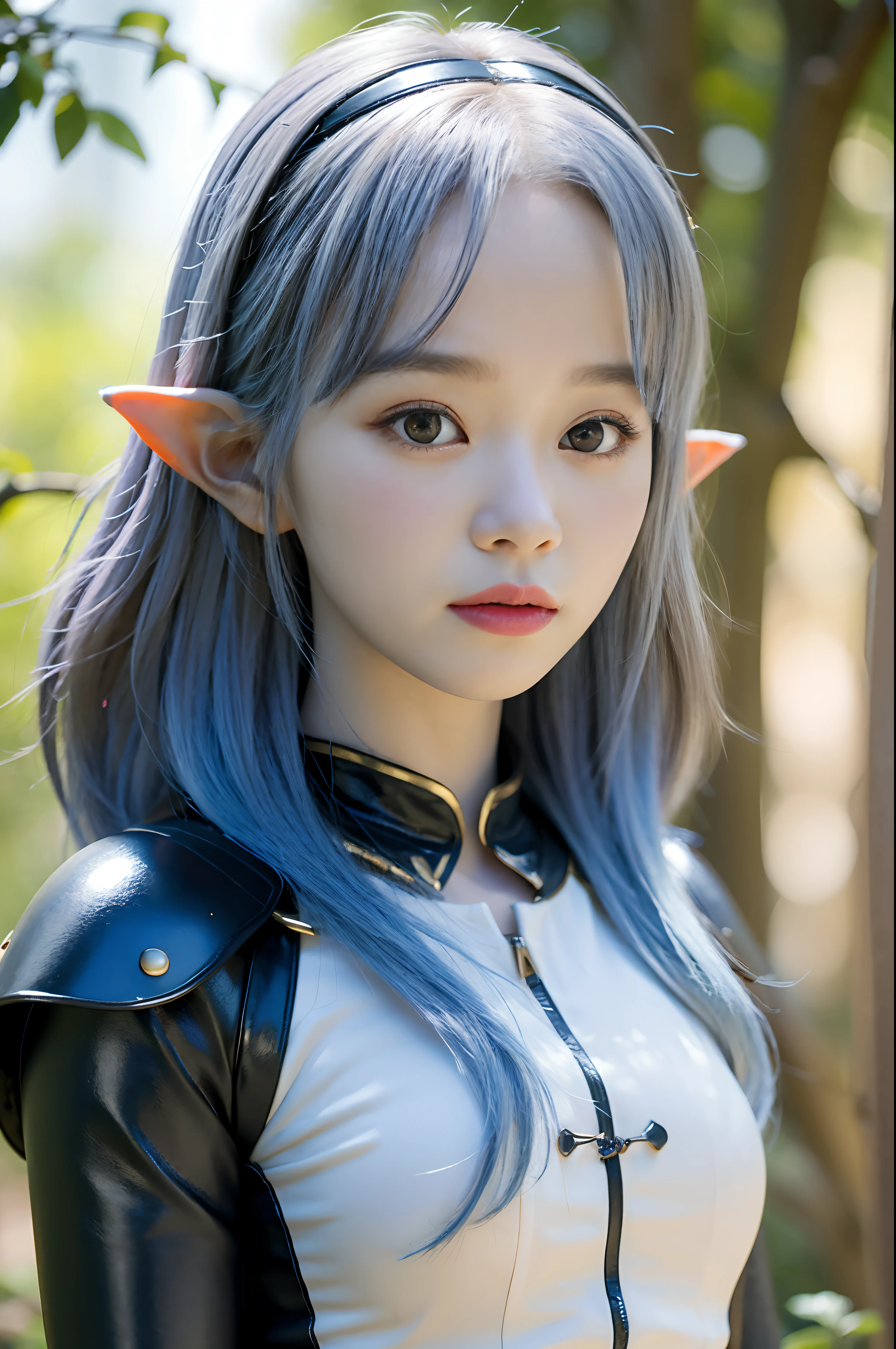 portrait of a young elf girl, kim chaewon as a sexy elf, kim chaewon is a petite young girl, masterpiece, best quality, 1girl, forest background, kim chaewon, petite girl, (red eyes), small breast, petite figure, long light blue hair, face front, sexy female leather armor, emotional face, (close up portrait), make up, studio light, studio