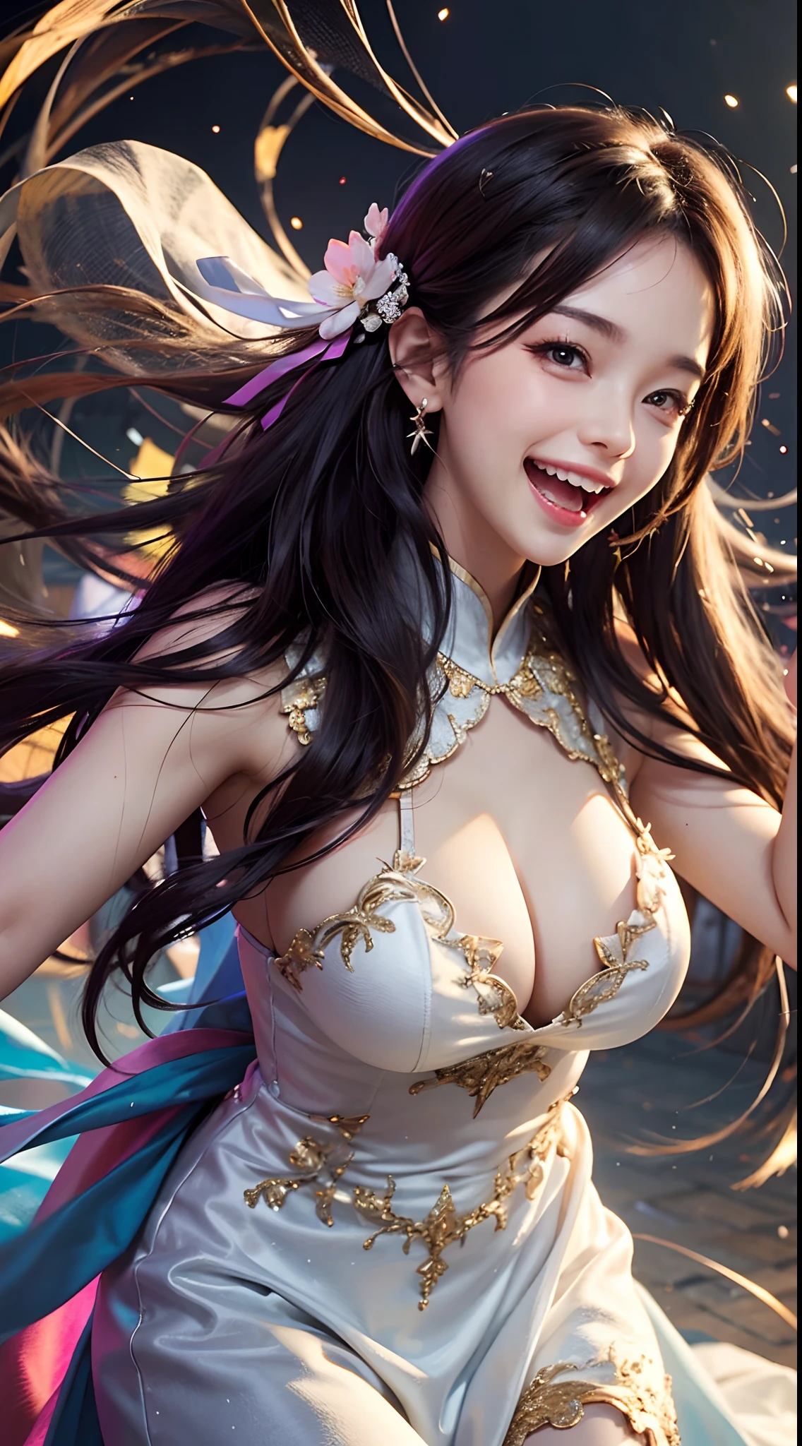 tmasterpiece，Game CG quality，15 year old girl，Fantastic dress, cheerful big breasts，(((Laughing))), long whitr hair, Attention on Girls，Dance。