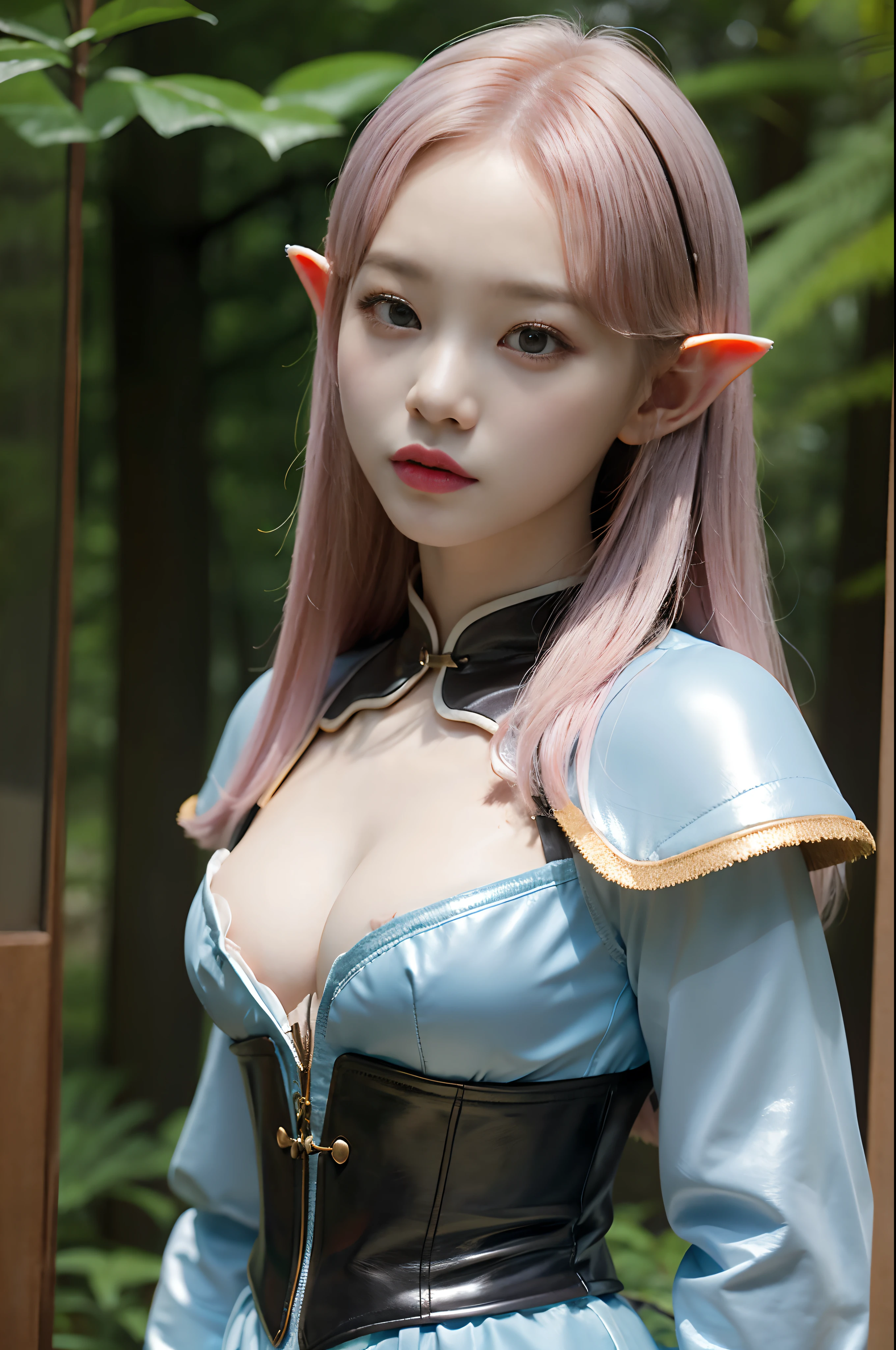 portrait of a young elf girl, kim chaewon as a sexy elf, kim chaewon is a petite young girl, masterpiece, best quality, 1girl, forest background, kim chaewon, petite girl, (red eyes), small breast, petite figure, long light blue hair, face front, sexy female leather armor, emotional face, (close up portrait), make up, studio light, studio