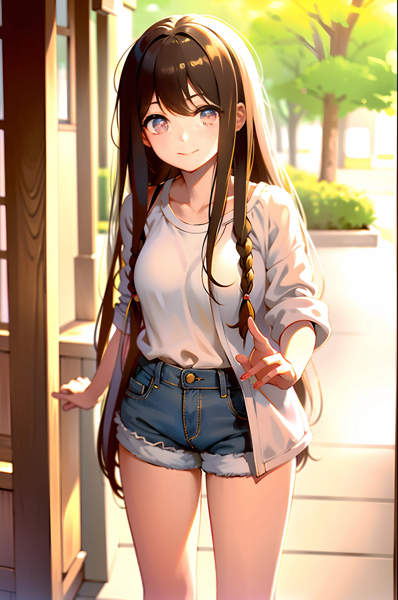 Best quality, long hair bangs curly two side braids loose towards the front, (Brown hair color), 超高分辨率, (Photorealistic:1.4), 1lovelygirl, bit girl, (Young), pink puffy , NSFW, ,(Kpop idol), (aegyo sal:1),, (Denim shorts), Smiling, Cute, full bodyesbian, hands together in front, Background street, Nature, peaceful neighborhood, Sunlight,****ta