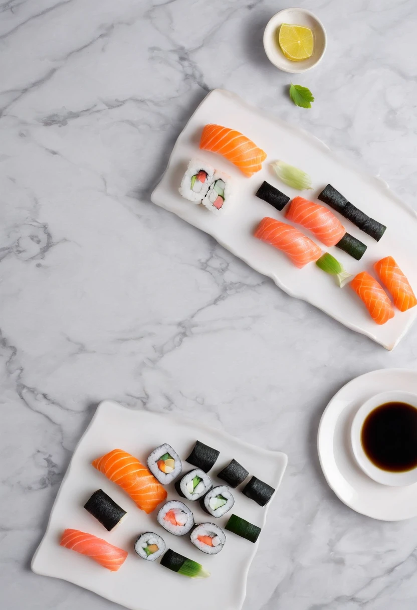 Japanese sushi,Placed on a marble table,Zen background,Japanese courtyard