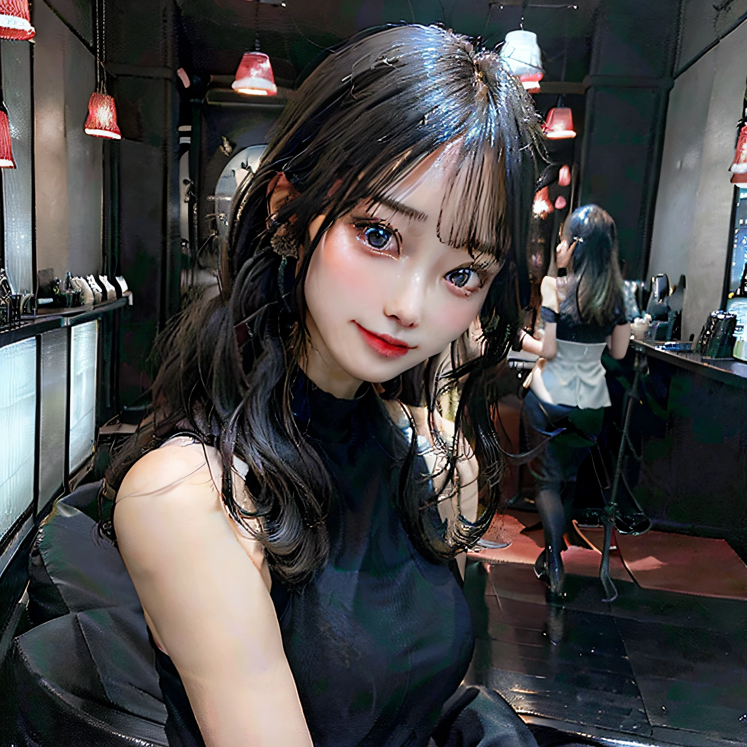 Being in a beauty salon、A slender、top-quality、超A high resolution、(Photorealsitic:1.4)1 female、独奏、Black shirt、Black tight skirt、(faded gray hair:1)、looking at viewert、On the shoulder、Photorealistic look、Human style