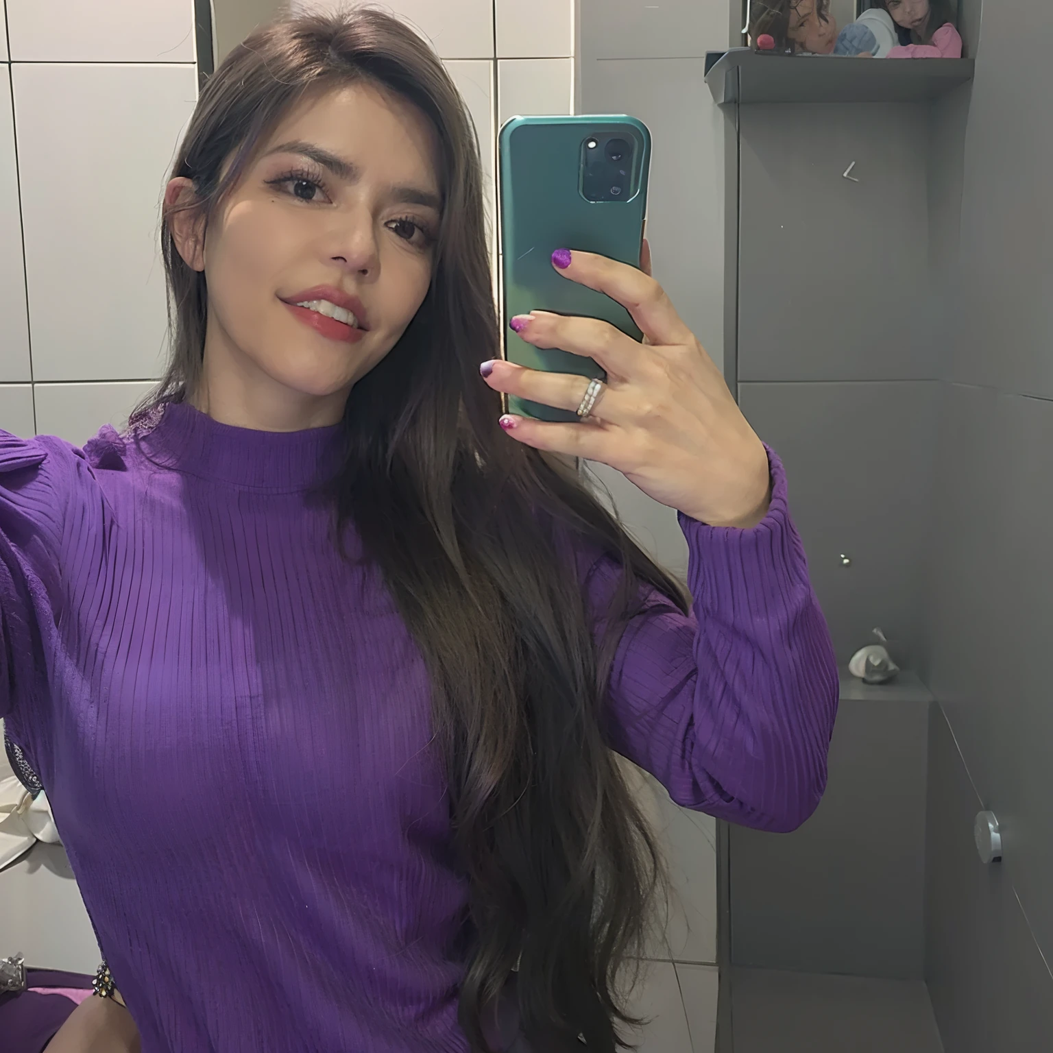 mulher arafed tirando uma selfie em um espelho do banheiro, Parece Fabiula Nascimento, Alanis Guillen, top roxo, Malika Favre, fernanda suarez, selfie de uma jovem mulher, Violeta Myers, Marischa Becker, by Amelia Peláez, cabelo longo violeta, andrea rocha, Directed by: Nandor Soldier