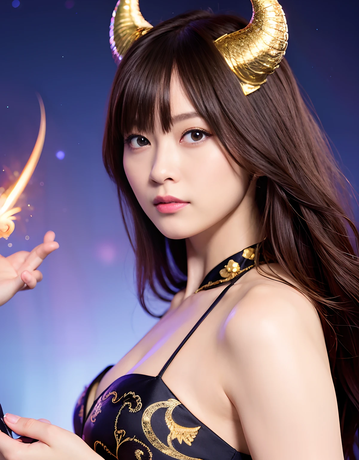 ((World of Darkness)),Professional , masterpiece、top-quality、photos realistic , depth of fields 、Dark Fantasy、(Ultimate Beauty)、A dark-haired、(White bikini armor)、(Kimono with beautiful pattern)、(Night background)、((a dark night)),(Wear a beautiful kimono),(Wear a beautiful kimono with colorful floral patterns)、Jewel Gold Weapon、Particles of light),(Has a devil's mask)、Gorgeous gold weapons ,(( Gorgeous Dragon Sword)) , (a dark night),,(maikurobikini) 、((Black Haired Beautiful Girl))、(Castle background)、(demonic wings)、((Gangle's forest background))、Beautiful Caucasian beauty、1a person、dynamic ungle,(((Two devil's horns on the head)))、Smaller head、Idle Smile、Thin and beautiful female hands、Mystical expression、Light Effects、intense fighting、Wind-effect、magic circles、With the legendary magic wand、Dragon's tail、