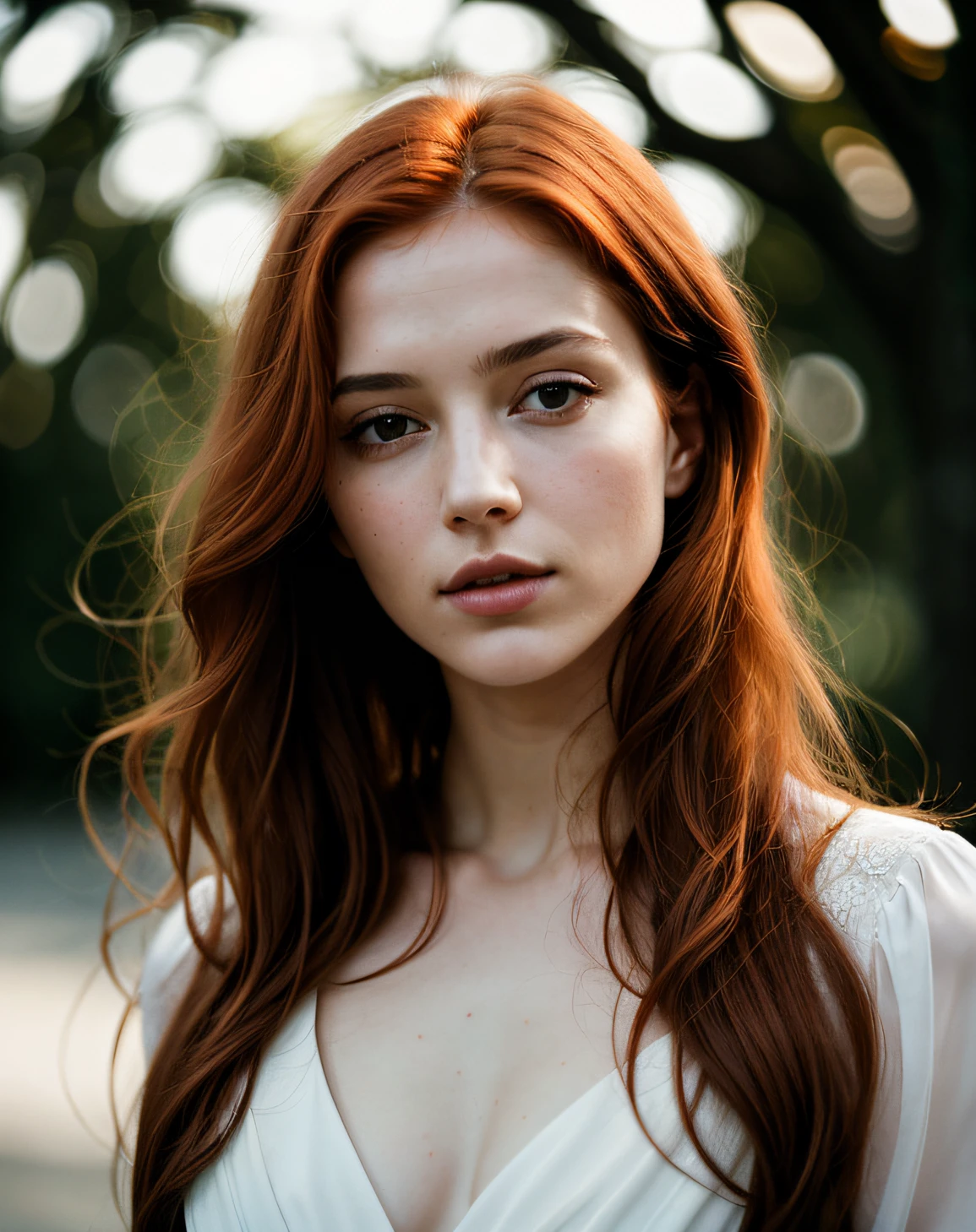 (Masterpiece), (extremely intricate:1.3),, (Realstic), Portrait d'une fille, la plus belle du monde red hair, dehors, intense sunlight, professional photograph of a stunning woman detailed, mise au point nette, dramatique, award winning, lighting cinematic, Rendu octane, Moteur Unreal, volumetrics dtx, (grain du film, Bokeh, premier plan flou, blured background), crest on the chest