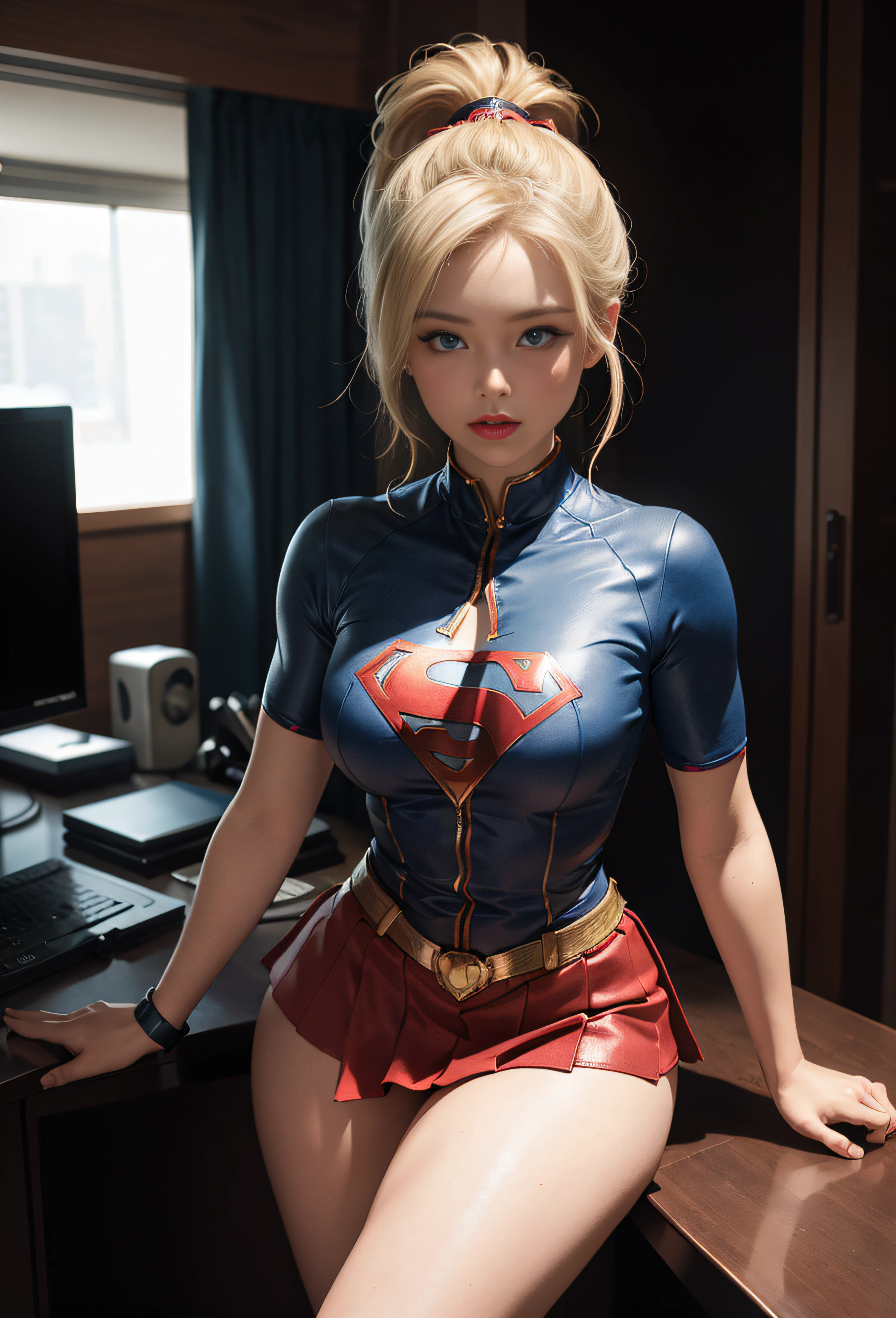 4k, realistic, charismatic, very detailed, there is a girl in the sky, dressed in a super girl costume, she is a super girl, superhero theme, blonde short hair, ponytail, 20 years, full body, (detail in the eyes), (detail in the face), incredibly beautiful, blue eyes, blush, makeup, red lipstick, miniskirt, (wide hips),  (thick thighs), small breasts, dress,, seductive pose, (extreme hourglass figure), thin, svelte, white skirt, boots, tight t-shirt