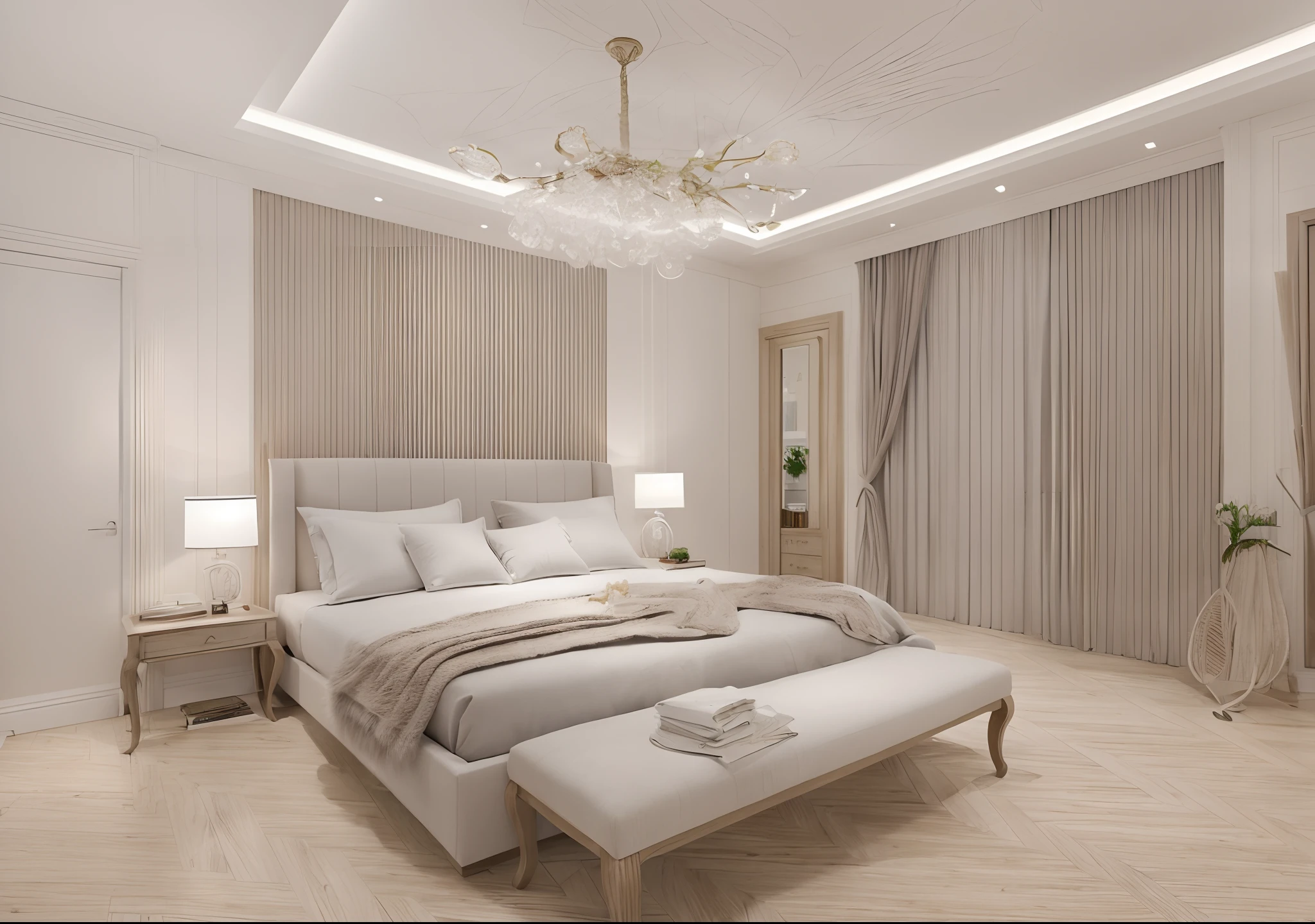 modern bedroom design, neoclassical style, image layout following the outline, 1 bed, 1 tab, 1 dressing table, 1 white curtain, 1 wall decoration, plaster ceiling flat white, (((light tone:1.3)), gray