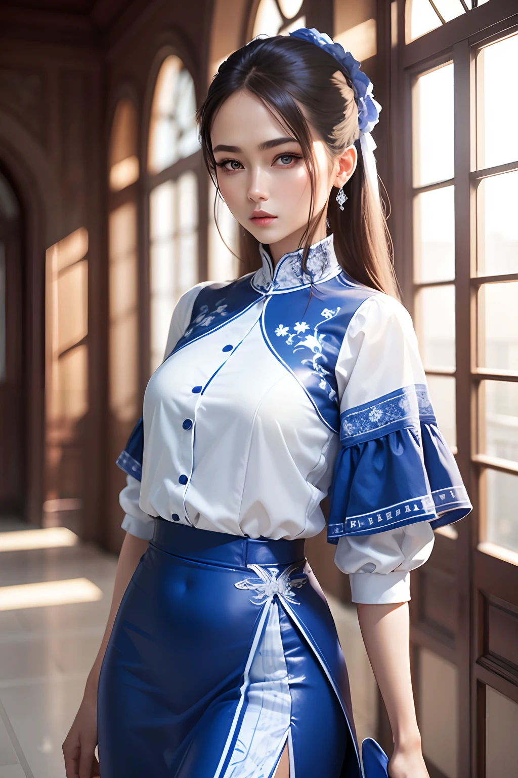 Clothing with blue and white porcelain elements,Wear it on female models