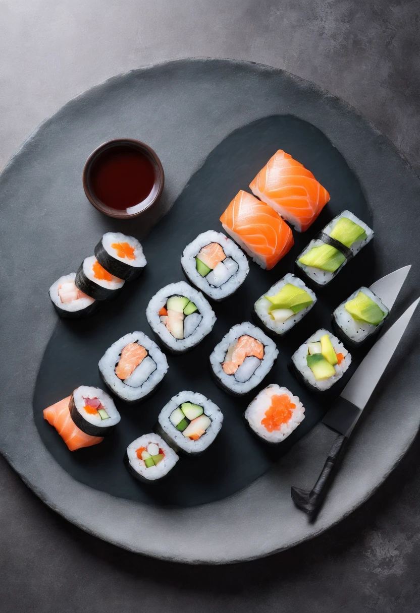 japanese sushi,Place on a marble table,Dark tone,lightand shade contrast,Zen background,Japanese courtyard