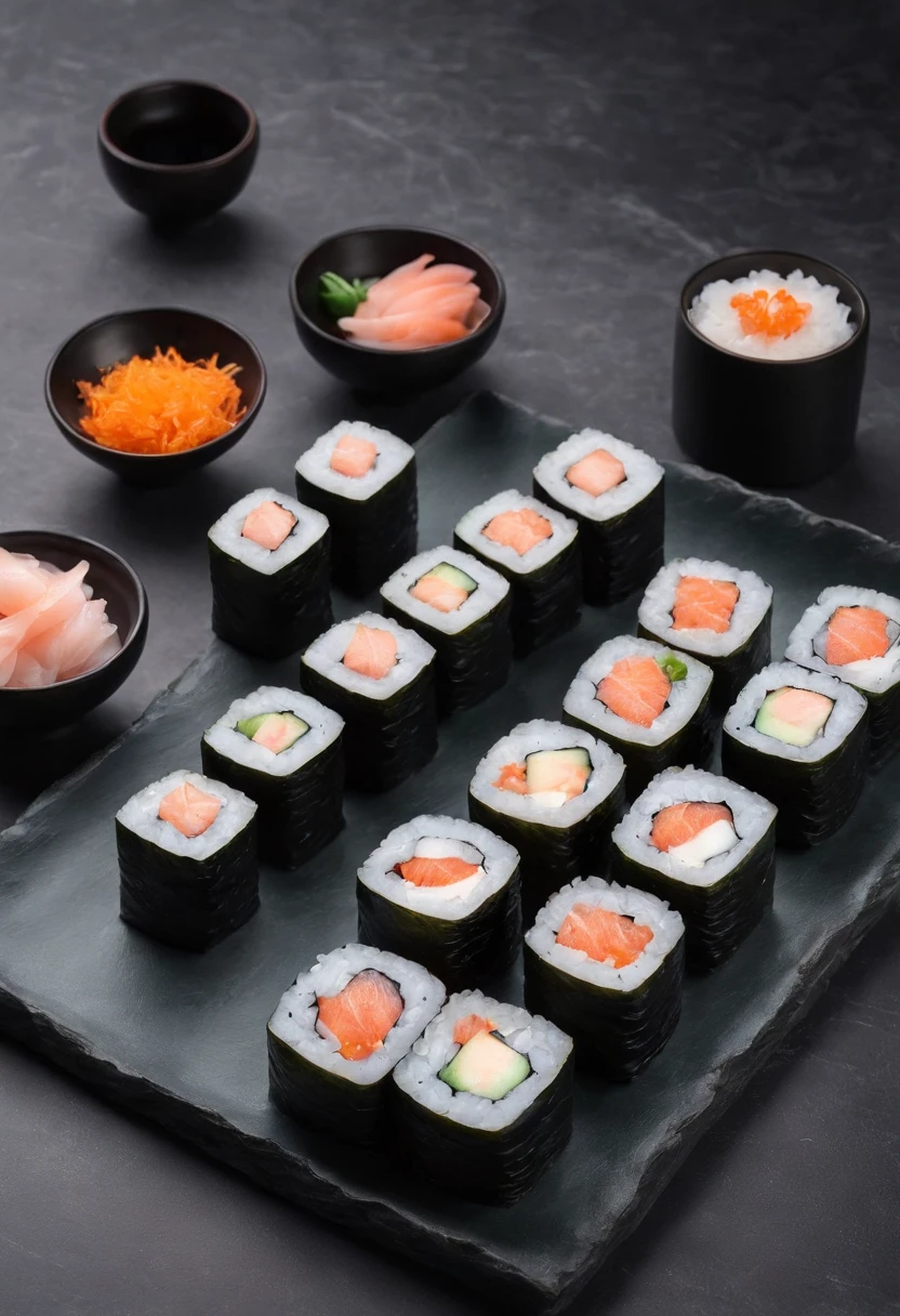 japanese sushi，Place on a marble table，Dark tone，lightand shade contrast，Zen background，Japanese courtyard