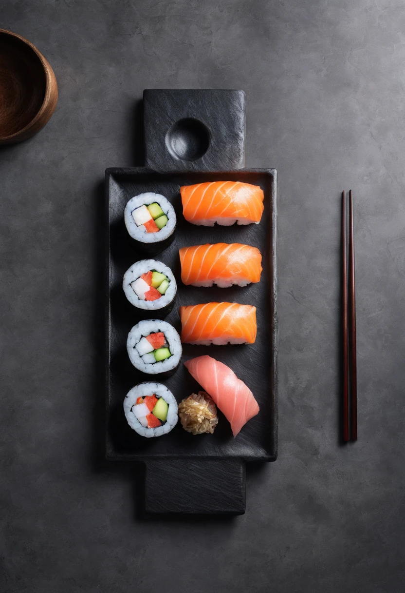 japanese sushi,Place on a marble table,Dark tone,lightand shade contrast,Zen background,Japanese courtyard