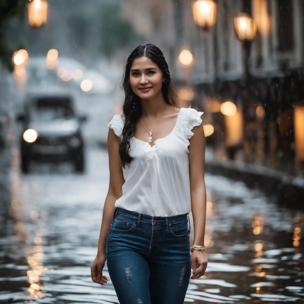 best images quality, tmasterpiece, 超高分辨率, (Fidelity:1.4), photore, 1 rapariga,Rained,rainwater, white shirt, worn jeans, White sneakers,water stain,soaking wet, Dimly lit, darkly, be desperate, pitying, Poor, cinematic ligh, teardrop, tear drop, (torn laundry:1.5), (wetclothes:1.4), exposed bare shoulders, Real rain, Wet hair,