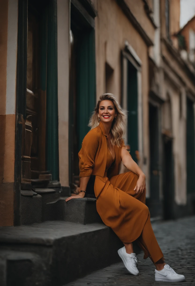 eine frau die im mittelpunkt steht. Der hintergrund soll ausehen wie eine innenstadt.A sweet smile and a sexy charisma, plus she should have an oversize style that is very tight with Nike Air Force shoes