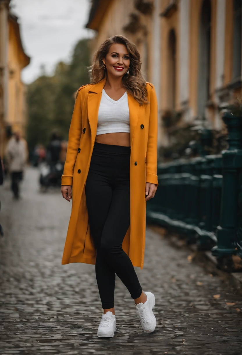 eine frau die im mittelpunkt steht. Der hintergrund soll ausehen wie eine innenstadt.A sweet smile and a sexy charisma, plus she should have an oversize style that is very tight with Nike Air Force shoes
