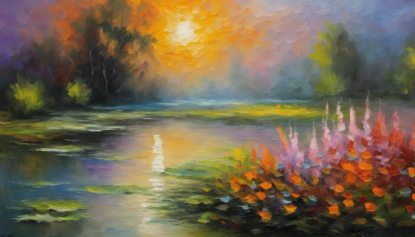 Monet's Pond、A fish jumps out of the dim light,Colors are eye-catching,sharp、The Milky Way is visible